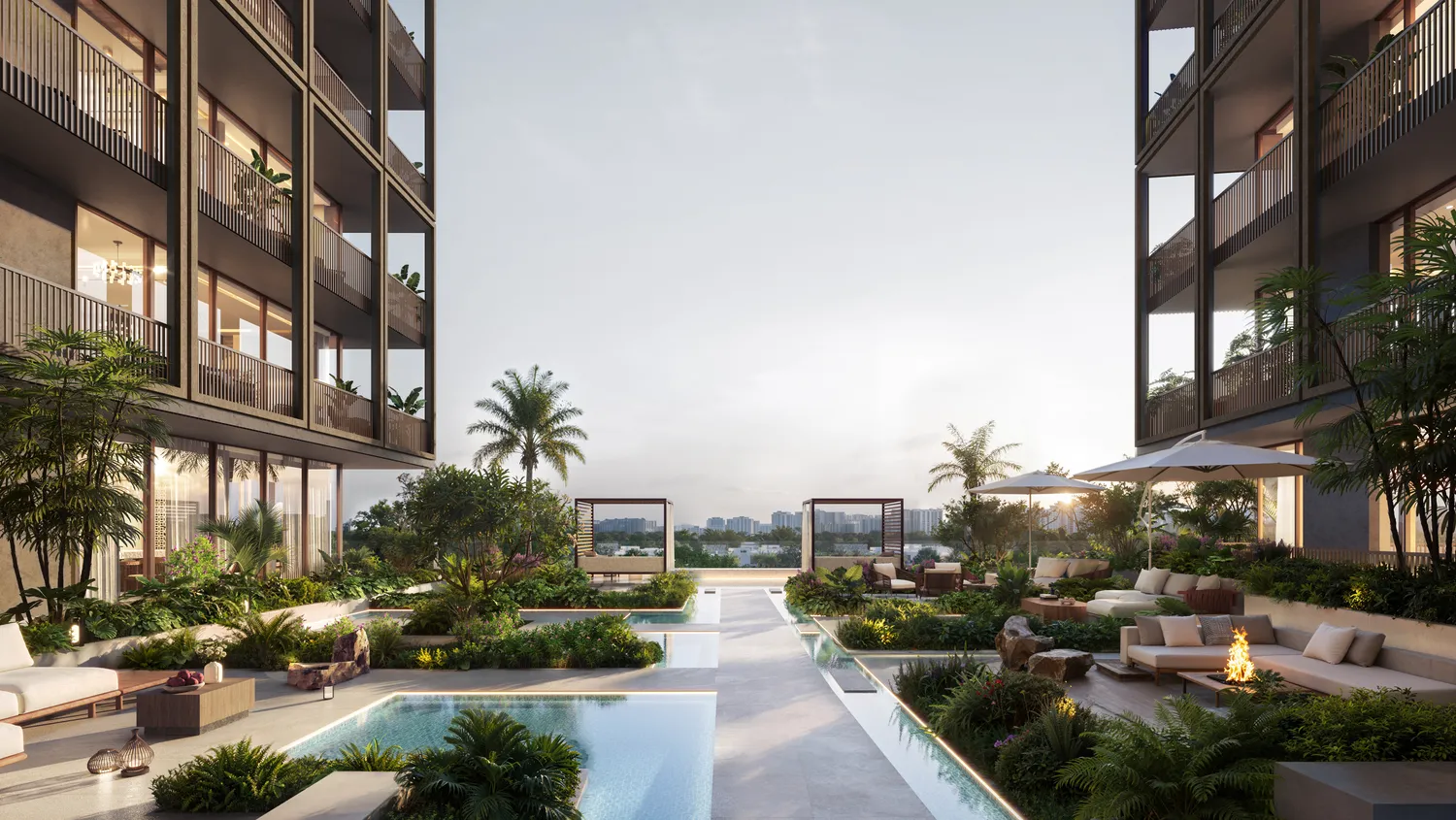Lush planted courtyards and water features between The Archive residences