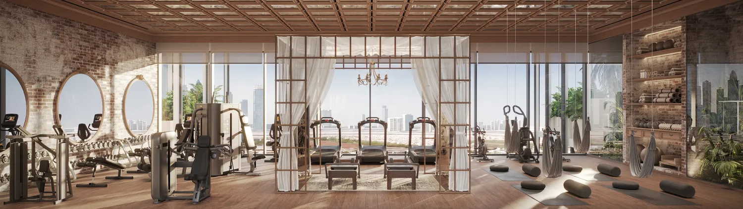 Gym with timber interiors and floor-to-ceiling windows