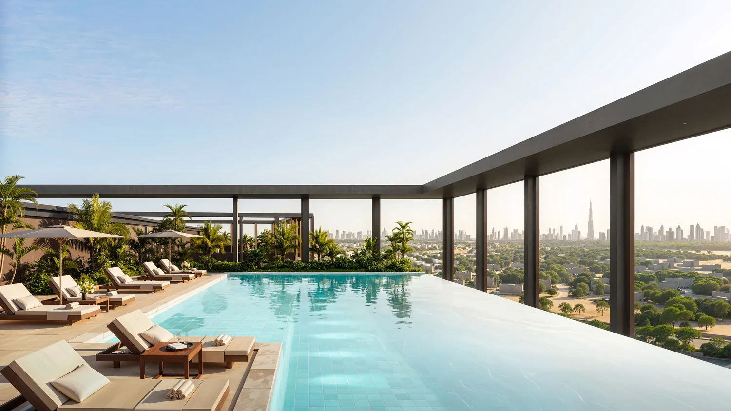 Rooftop swimming pool with sun loungers and shaded cabanas