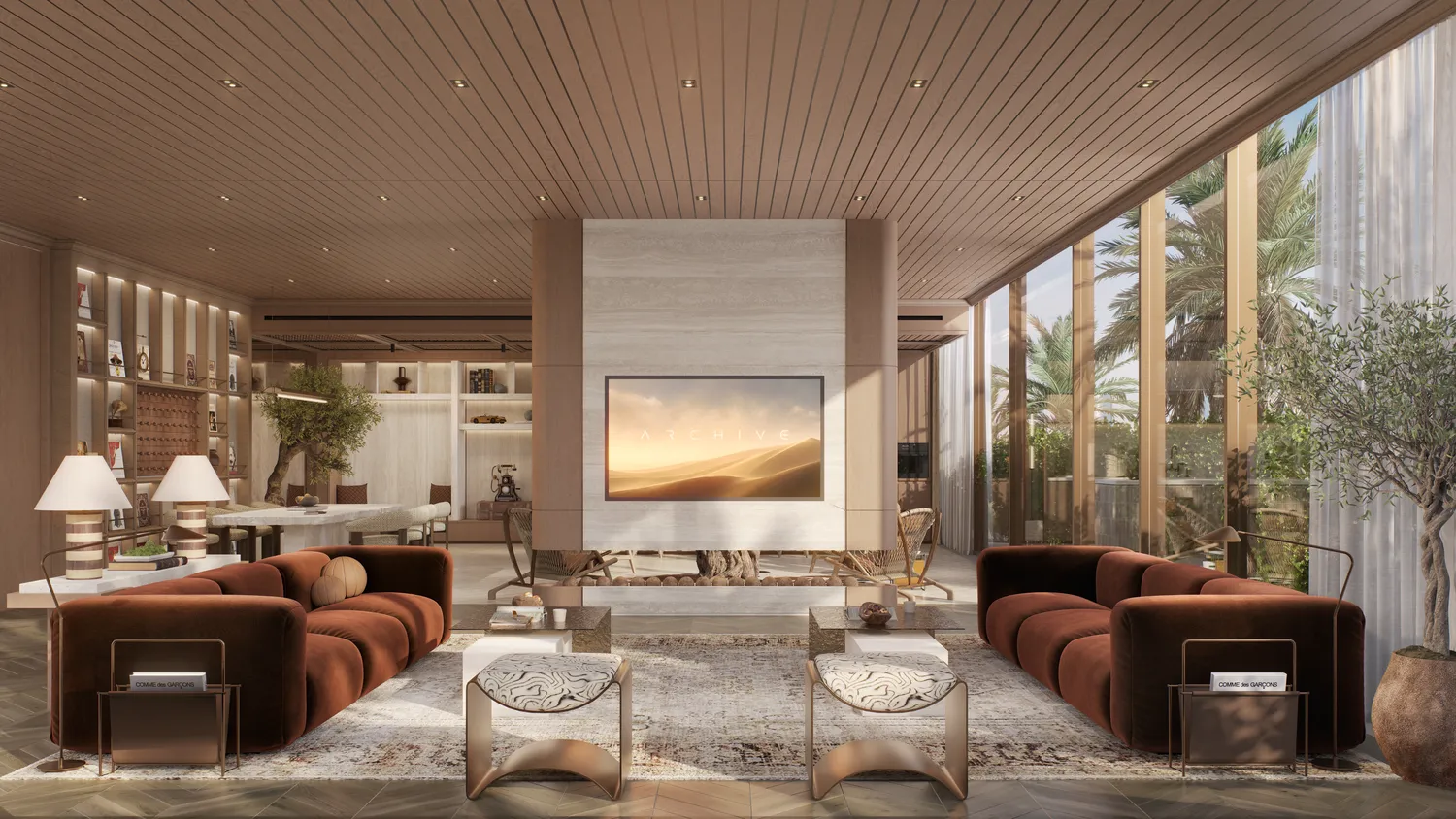 Reading salon with a fireplace and generous lounge seating