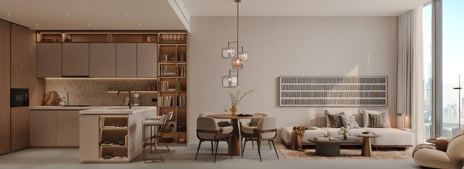Three bedrooms card: illustrative project interior from the developer gallery